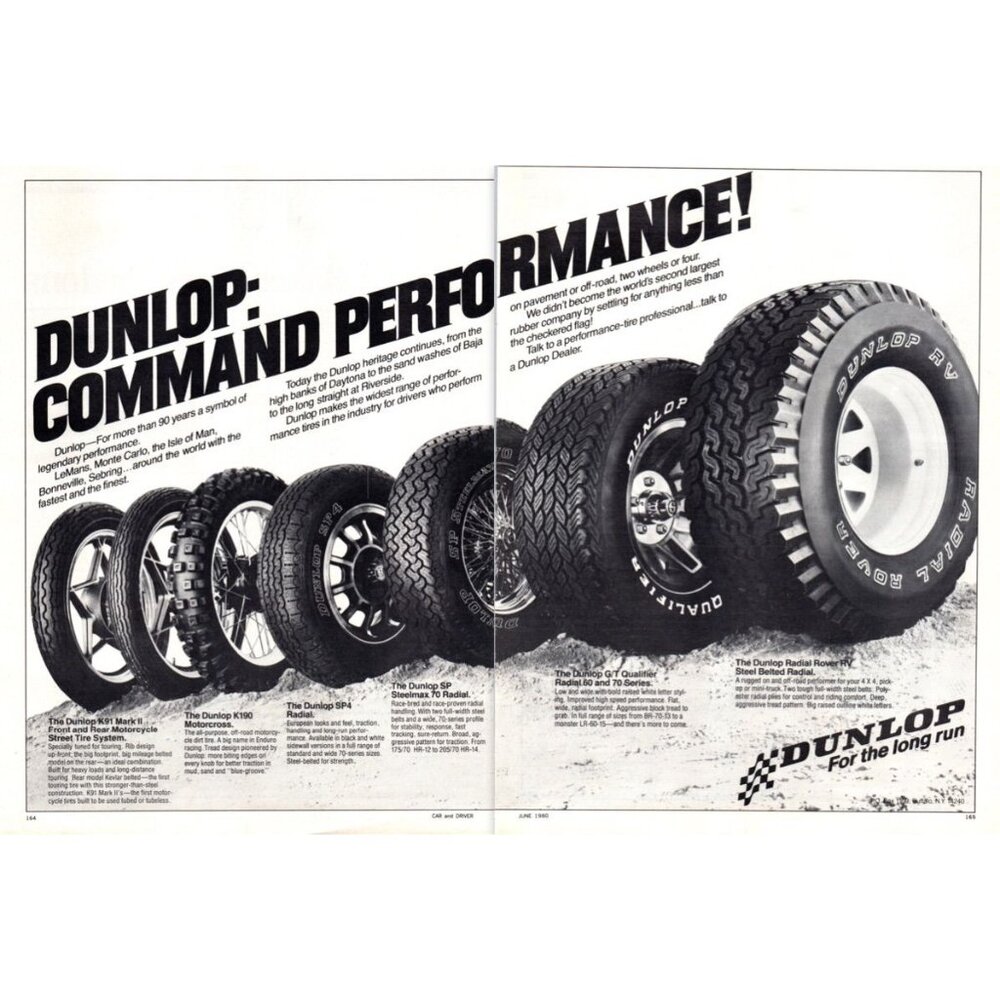 1980 Dunlop Car and Motorcycle Tire Product Lineup 2pg Vintage Print Ad Wall Art
